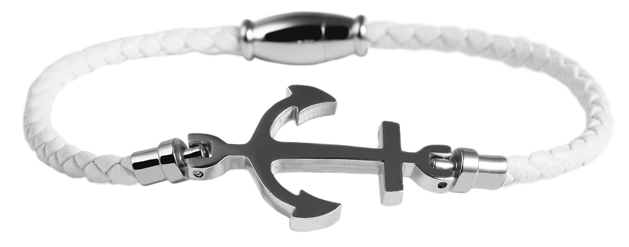 Akzent Armband aus Lederimitat, geflochten, mit Edelstahlelement Anker, weiß/silberfarben