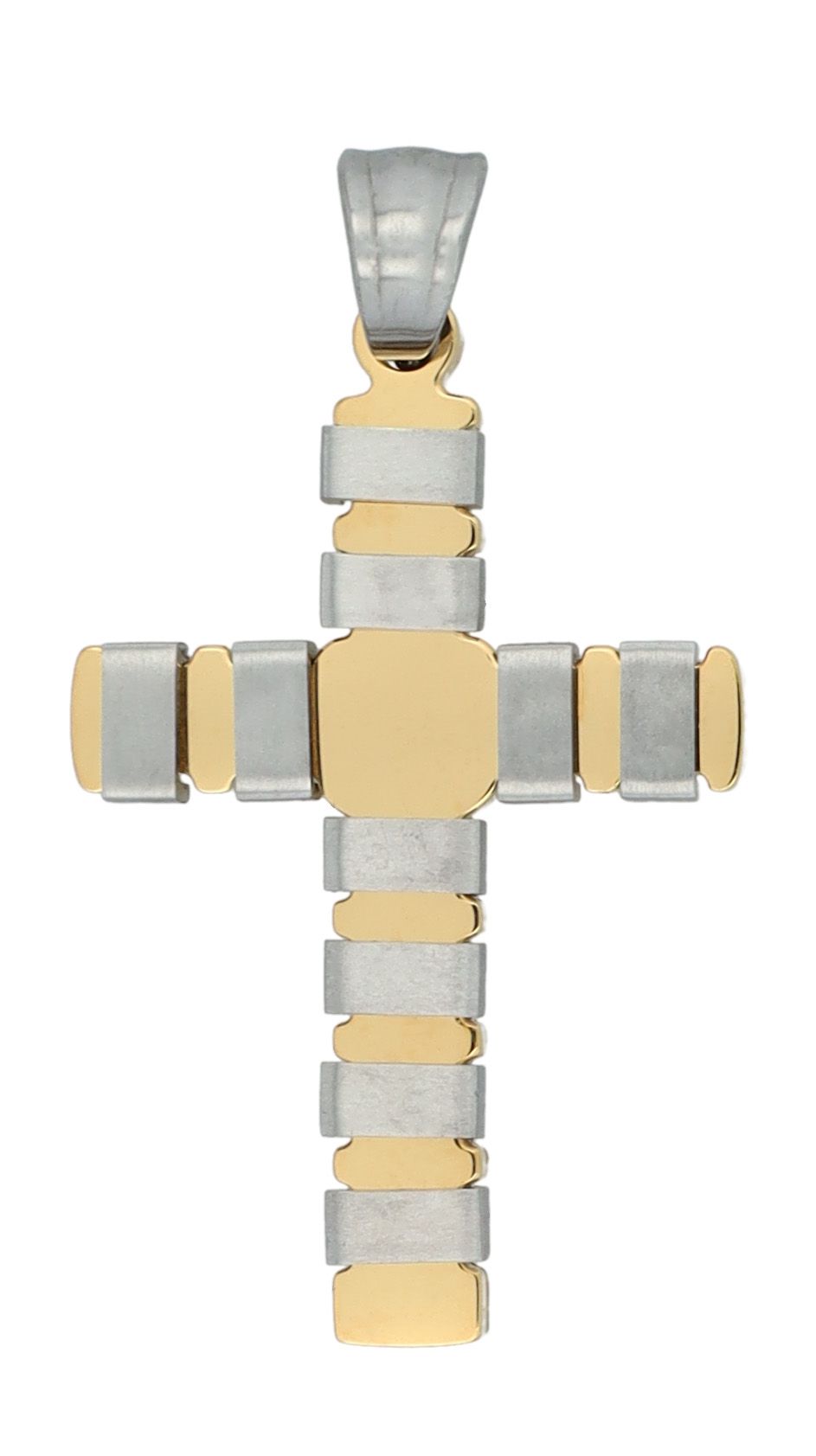 Accentkruis "Arden", roestvrijstalen hanger, matte en gepolijste elementen, tweekleurig (zilver- en goudkleurig)