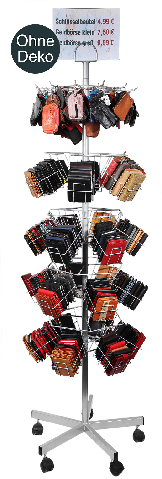 Portemonneehouder voor ca. 150 portemonnees, hoogte 186 cm, diameter 56 cm, oprolbaar en draaibaar