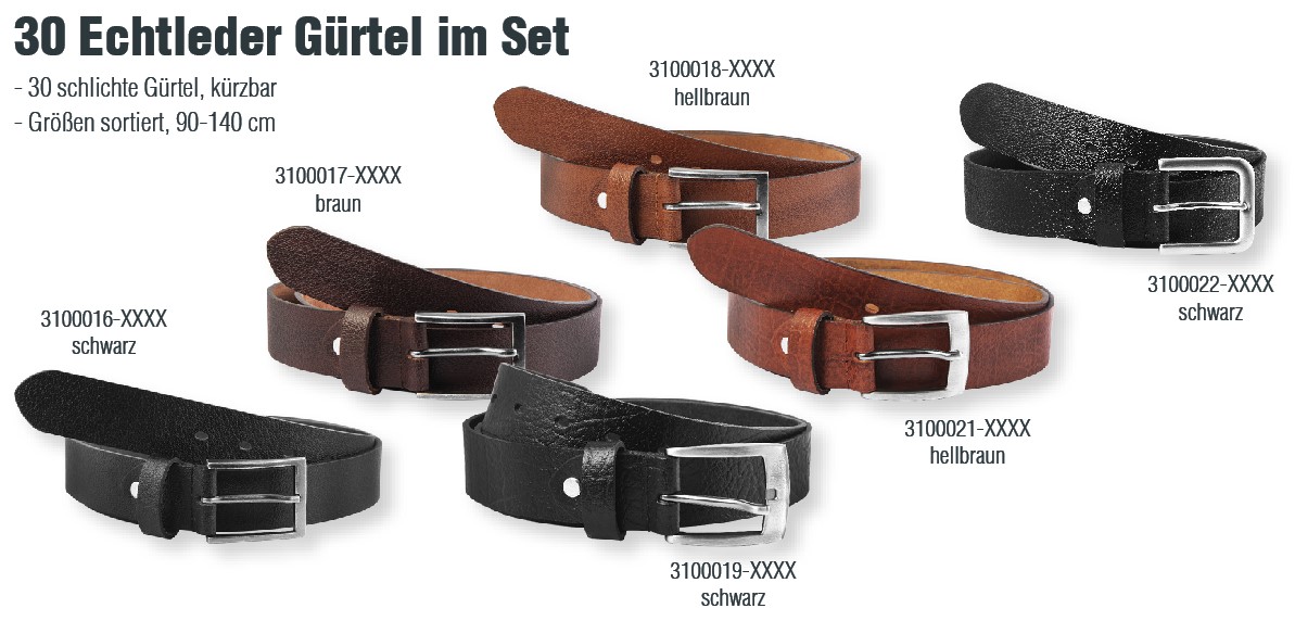 Gürtel Paket - 30 Echtledergürtel in verschiedenen Größen, kürzbar