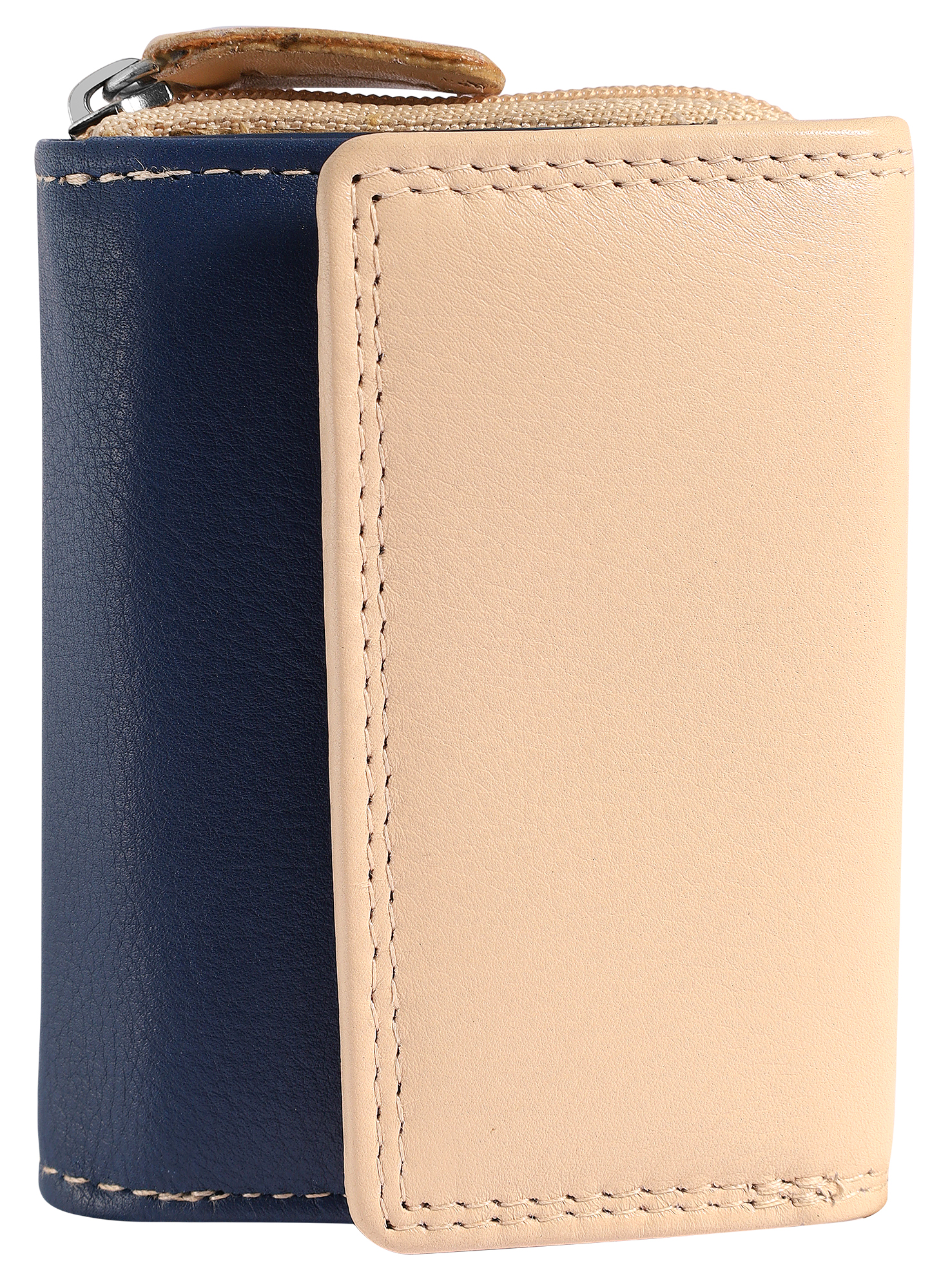 Leonardo Verrelli Echtleder Damen Geldbörse, klein, Querformat, RFID, beige/ blau