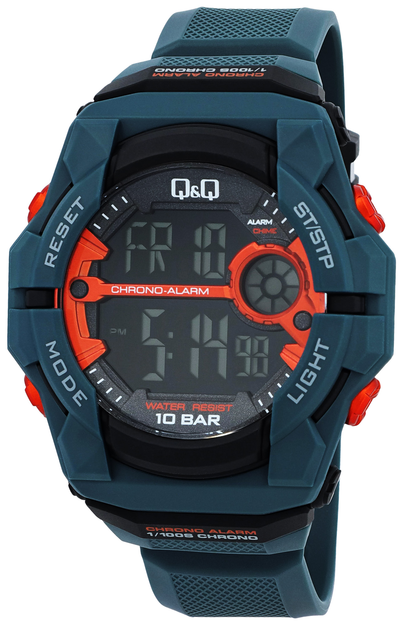 Q&amp;Q digitaal horloge voor heren, Ø 50 mm, kunststof band, blauw (met oranje details)