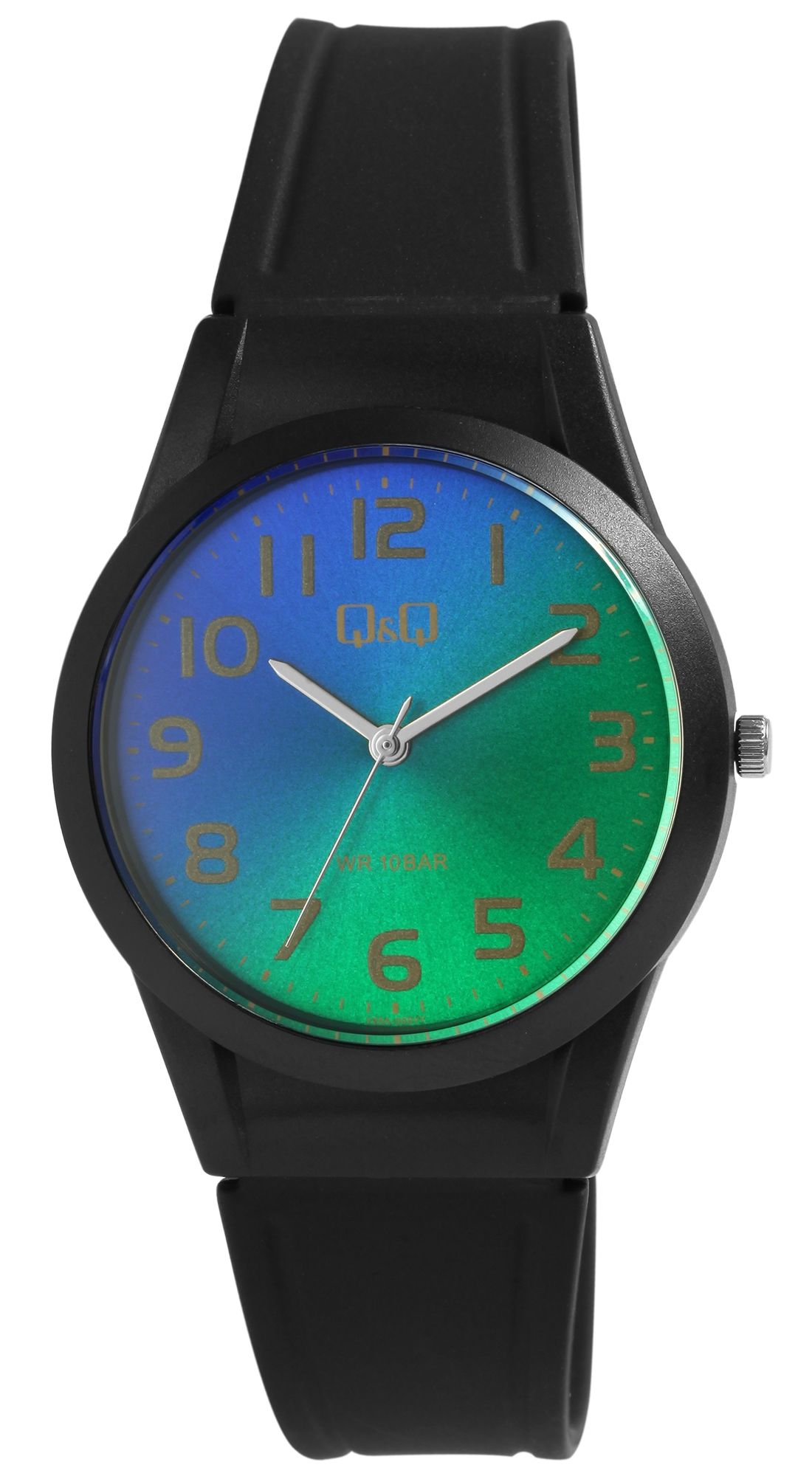 Q&Q Unisexuhr mit Silikonarmband, 10 Bar, schwarz, ZB grün/blau