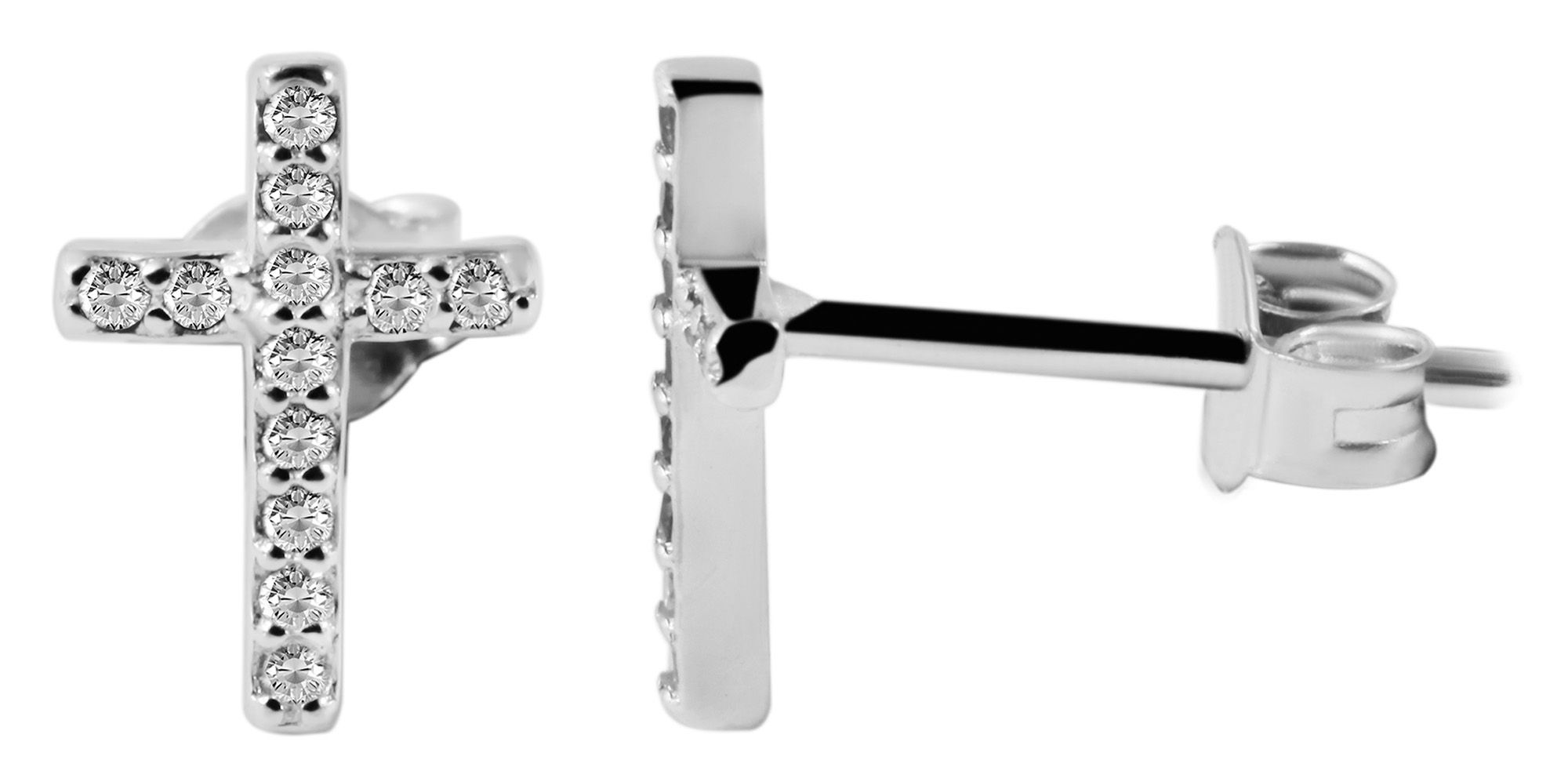 "Kira" 925/- Echt Silber Ohrstecker, Kreuz, weißer Zirkoniabesatz, silberfarben rhodiniert