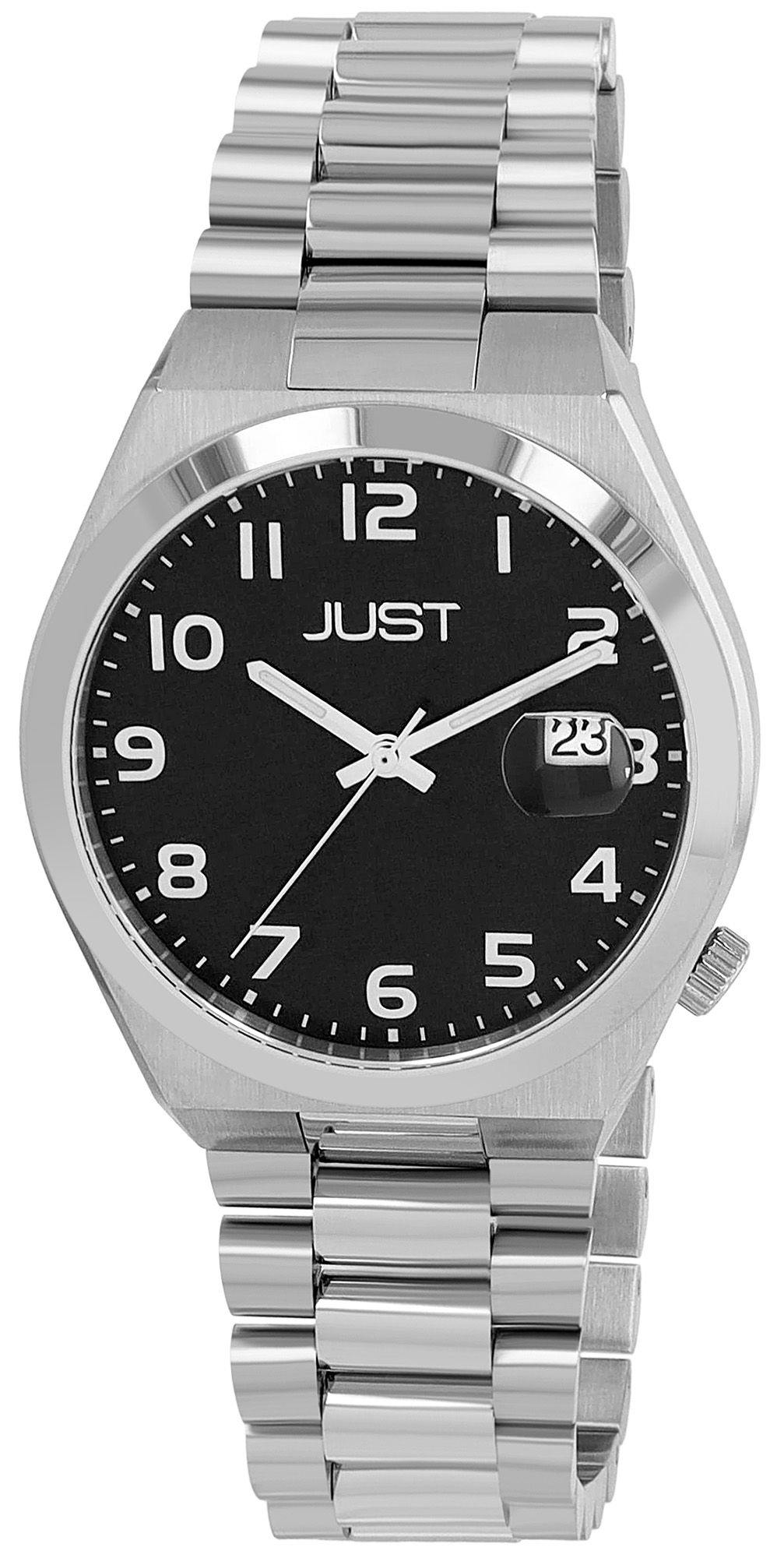 JUST Herrenuhr "Bagge" mit Edelstahl Gliederarmband, Datumsanzeige, Ø 40 mm, 5 ATM, silberfarben/schwarz