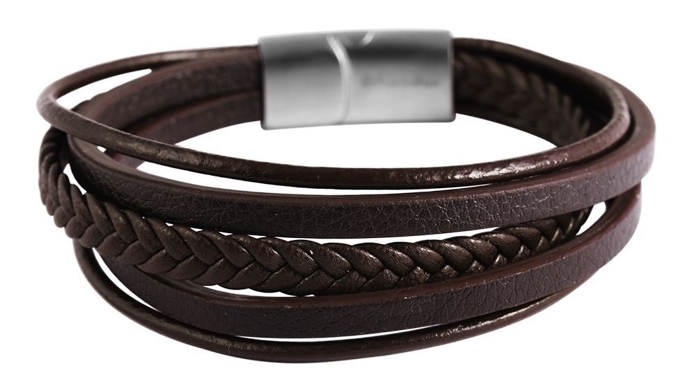 "Eddie" Akzent Echtleder/Lederimitat Armband, geflochten, dunkelbraun, silberfarben, 22 cm