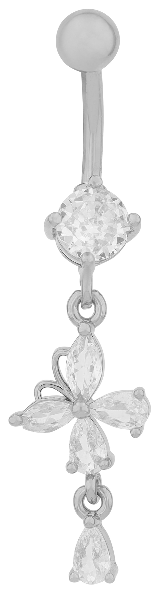 "Julia" Edelstahl-Bronze Bauchnabelpiercing, Stablänge 12 mm/ Stabstärke 2 mm, Schmetterling, Zirkonia, silberfarben