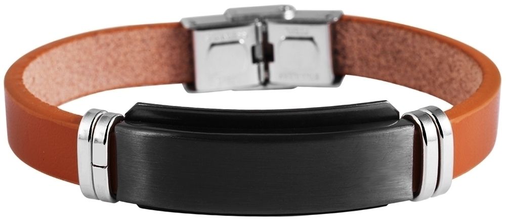 "Majid", Echtlederarmband, Edelstahlgravurplatte, hellbraun/schwarz, 21,5 cm