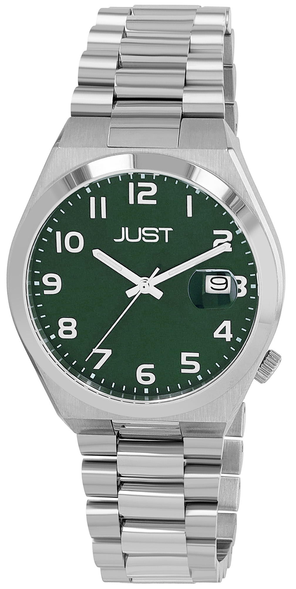 JUST Herrenuhr "Bagge" mit Edelstahl Gliederarmband, Datumsanzeige, Ø 40 mm, 5 ATM, silberfarben/grün