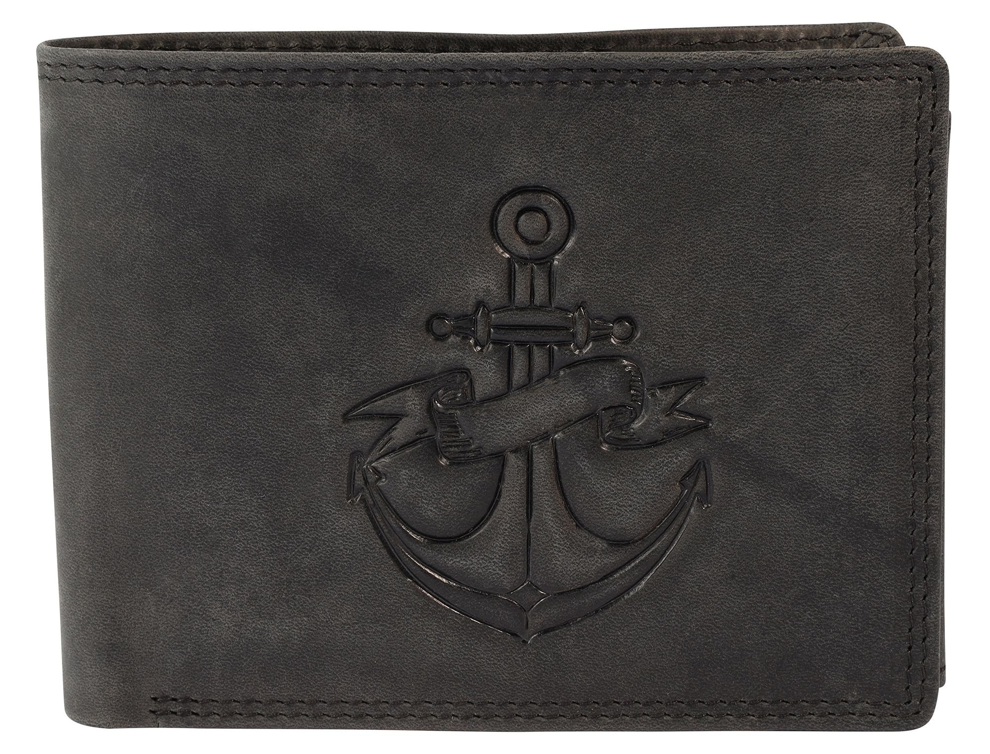 Akzent Echt Leder (Hunter-Leder) Geldbörse, RFID, Querformat, Anker, schwarz