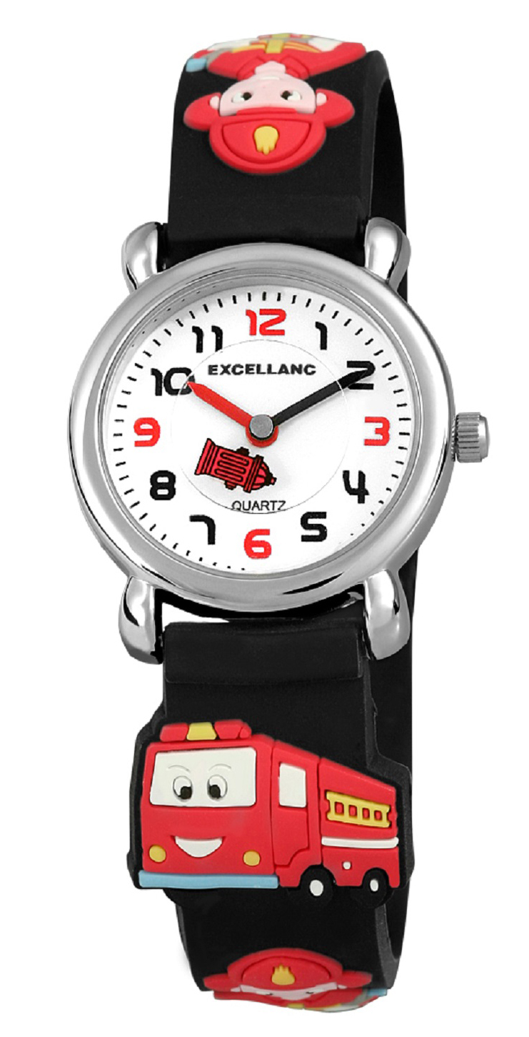 Excellanc kinderhorloge met zwarte siliconen band en brandweermotief