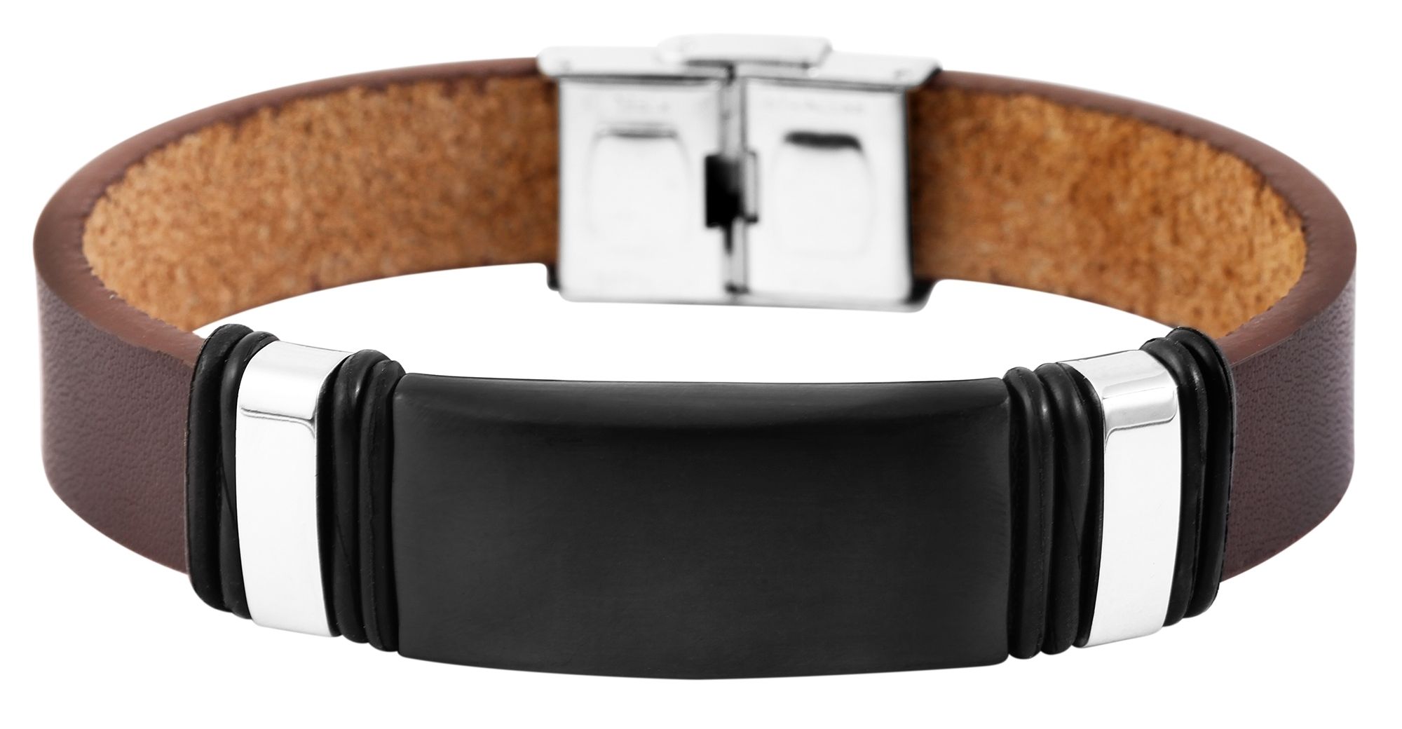 Akzent Echtlederarmband mit Edelstahlgravurplatte, braun/schwarz