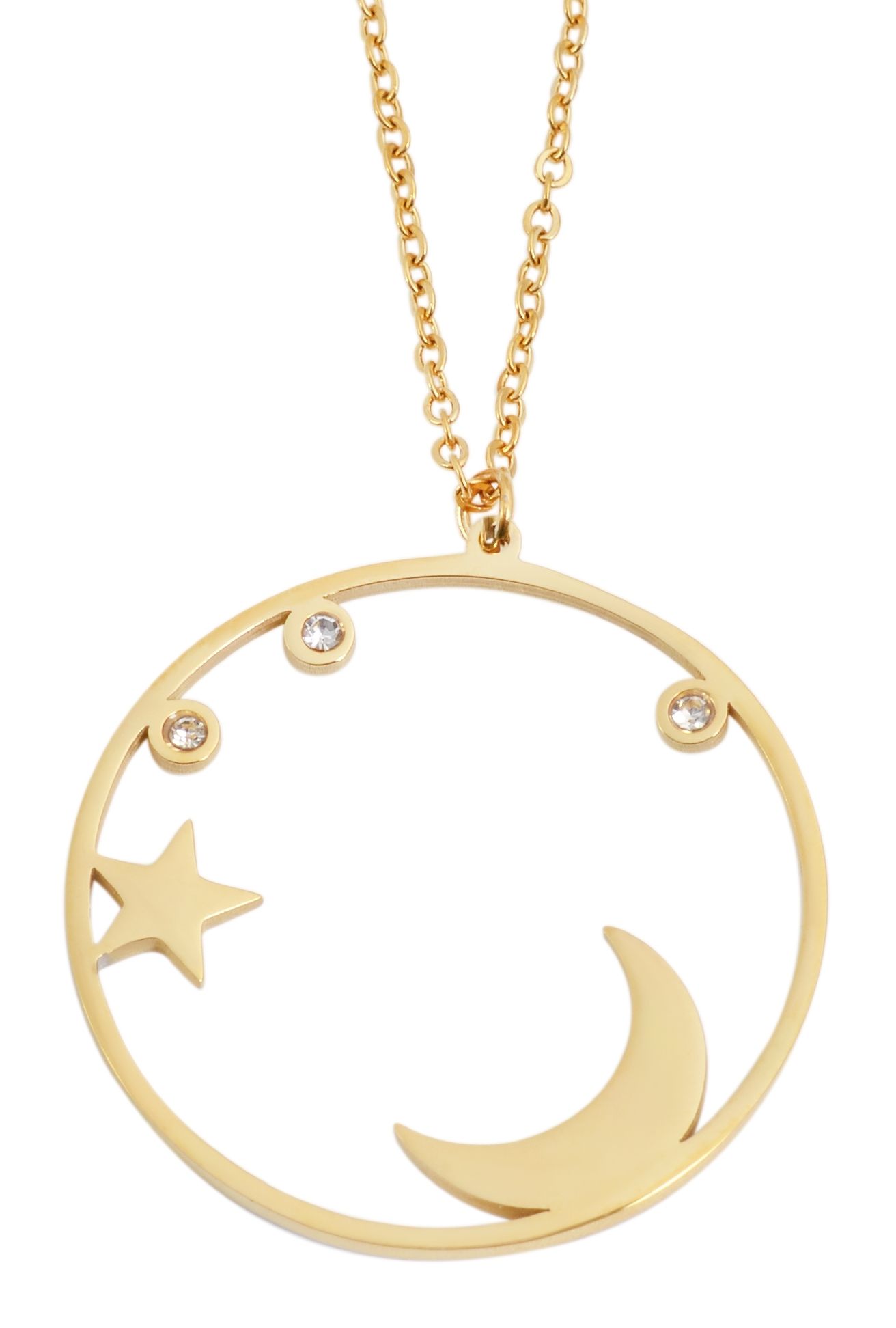 Accent ankerketting van roestvrij staal, ronde hanger met maan en sterren, goudkleurig