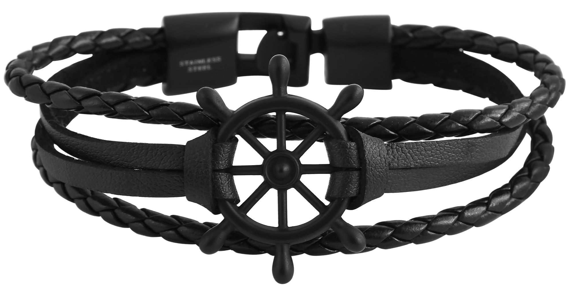 Accent echt lederen band, vier rijen, met roestvrij stalen stuurwielelement, zwart