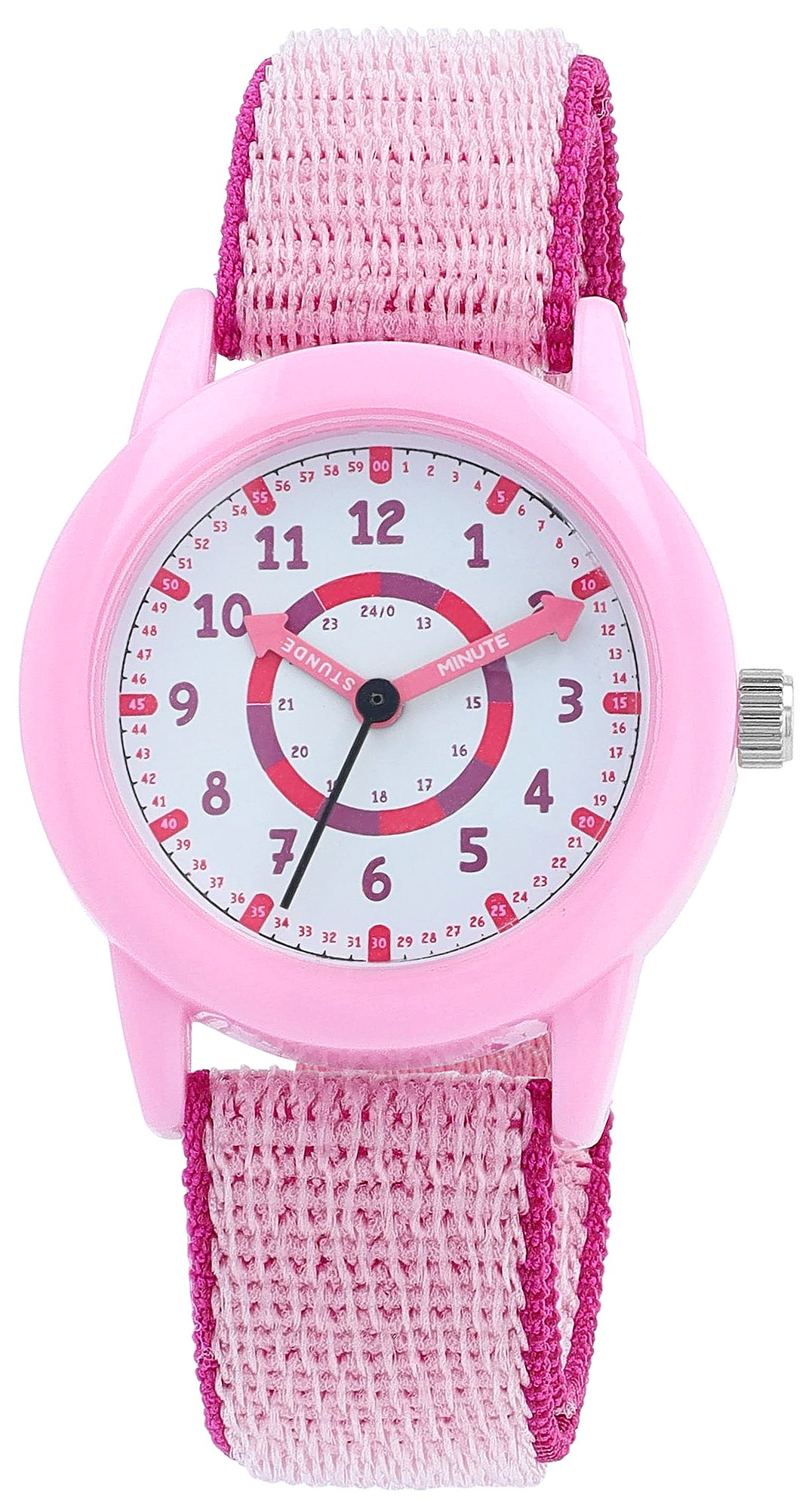 Qbos kinderhorloge/ educatief horloge Ø 32 mm met klittenband, roze/roze (24-uurs binnenring)