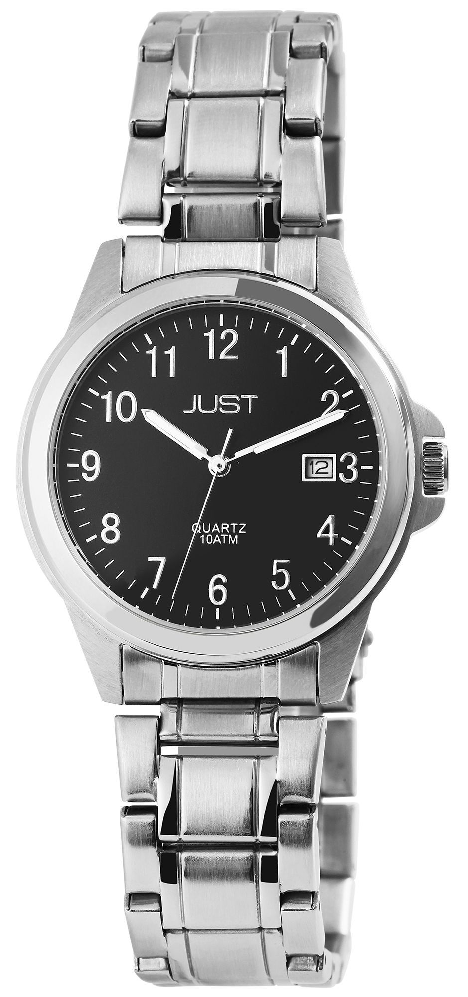 Just Edelstahl Herrenarmbanduhr, 3-Zeiger, Datumsanzeige, silberfarben, schwarzes ZB