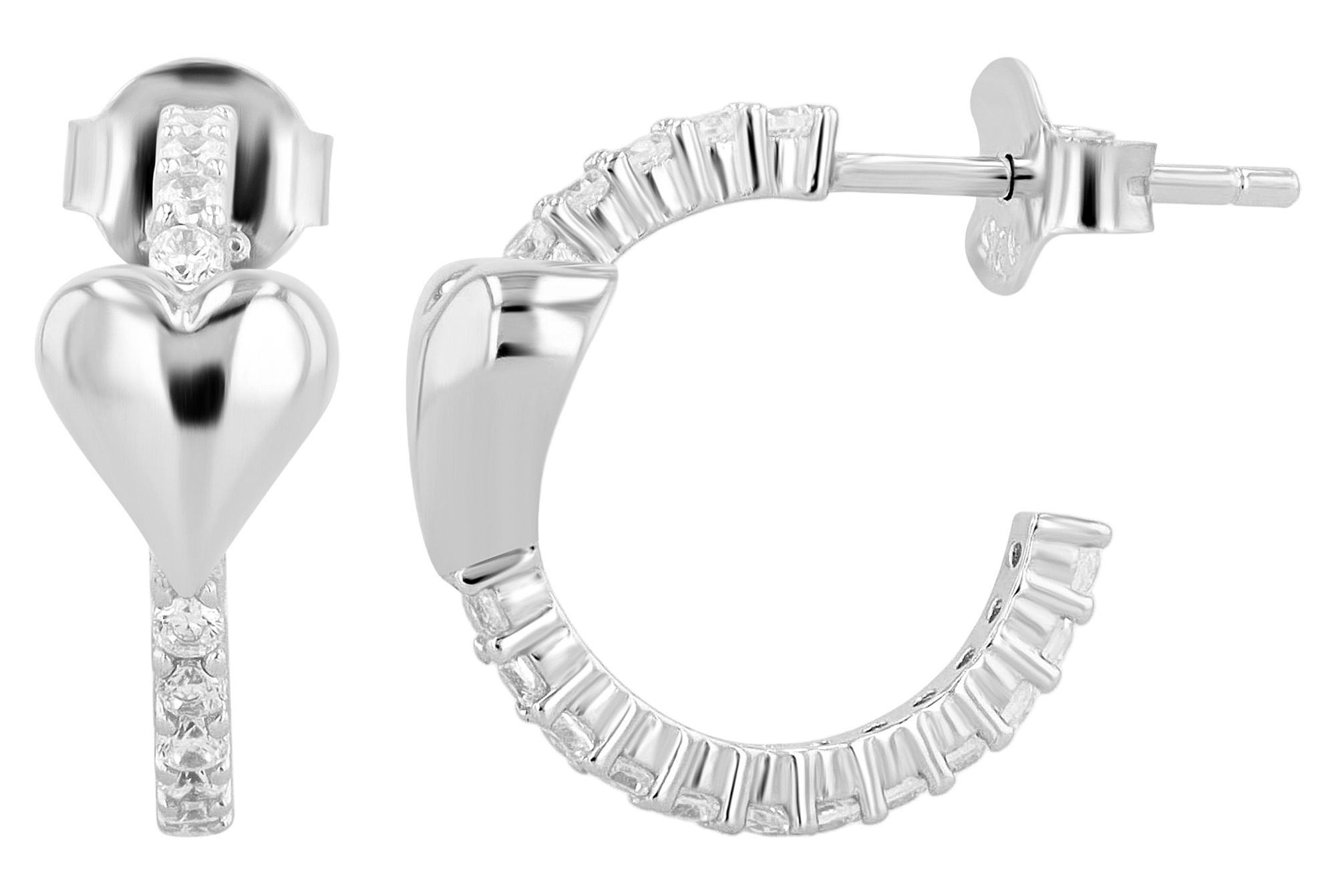 "Ana" 925/- echt zilveren halve hoepel oorbellen met knop, zilverkleurig gerhodineerd, hart, zirkonia