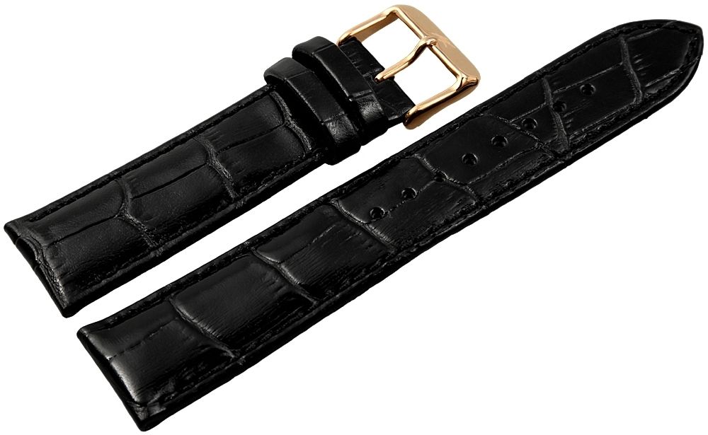 Echt leren horlogeband, zwart, krokodillenlook, 22 mm