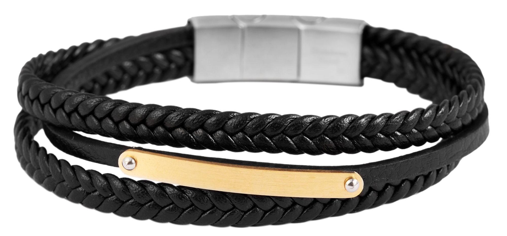 Accent echt leren band, drie rijen, met graveerplaatje, zwart/goudkleurig