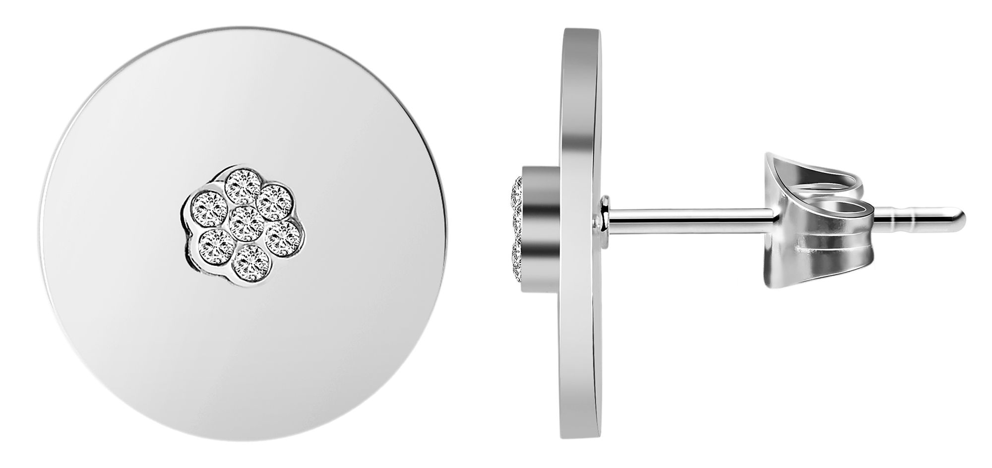 Accent oorbellen, roestvrij staal, bloemvormige similé zetting, rond, zilverkleurig