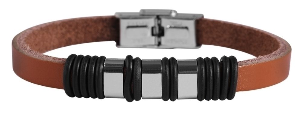 "Ferla", Akzent Armband, Echtleder, Edelstahlelement, braun/silberfarben, 21,5 cm