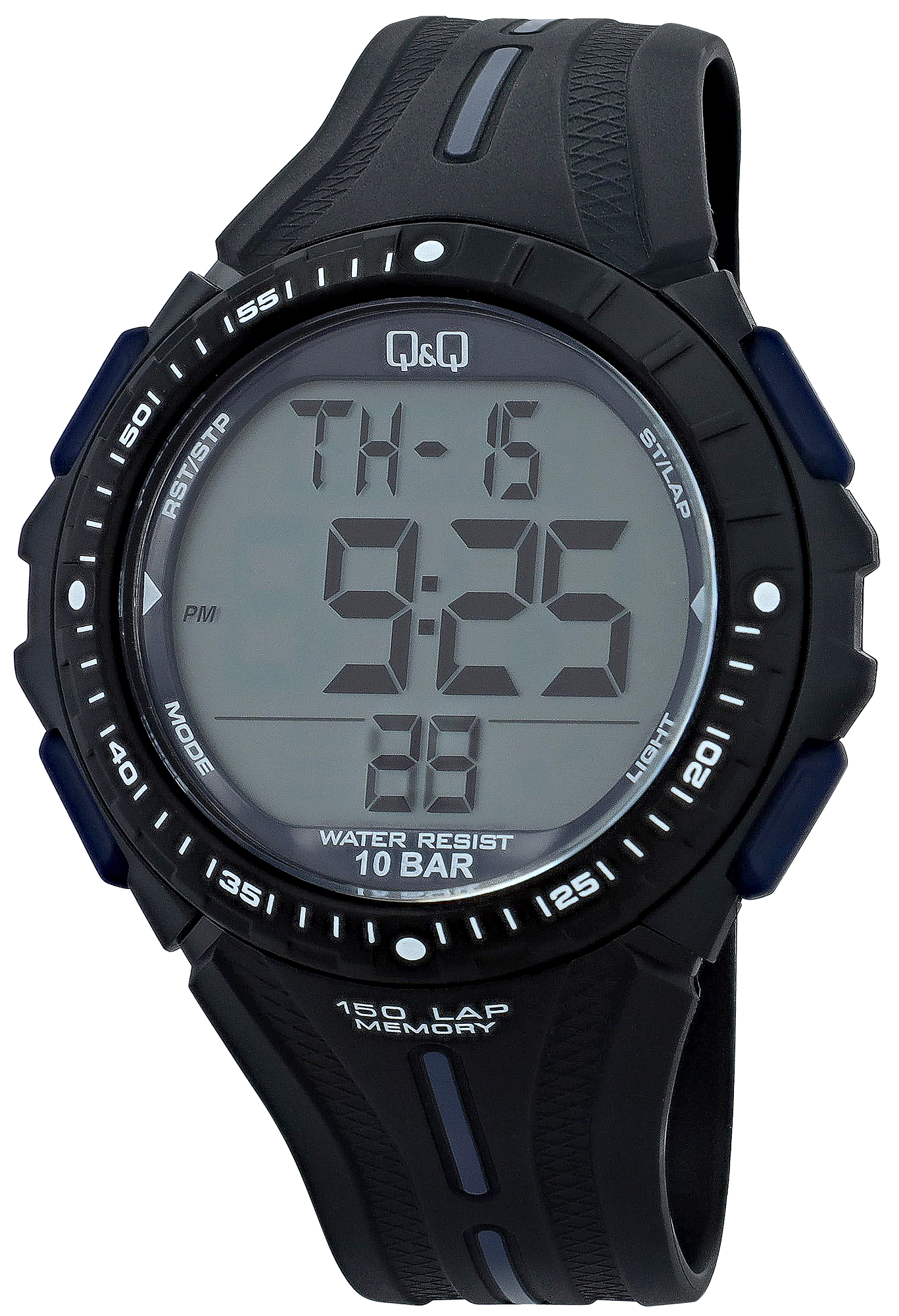 Q&Q Herren Digitaluhr, Kunststoff, Resinband, Ø 50 mm, schwarz