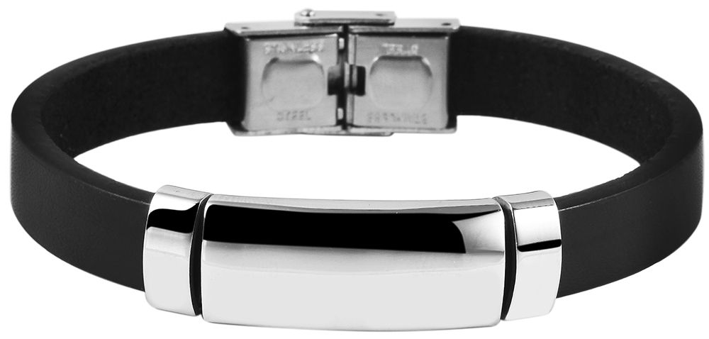 "Lincoln" echt lederen armband met graveerplaatje, 21 cm, zwart/zilverkleurig