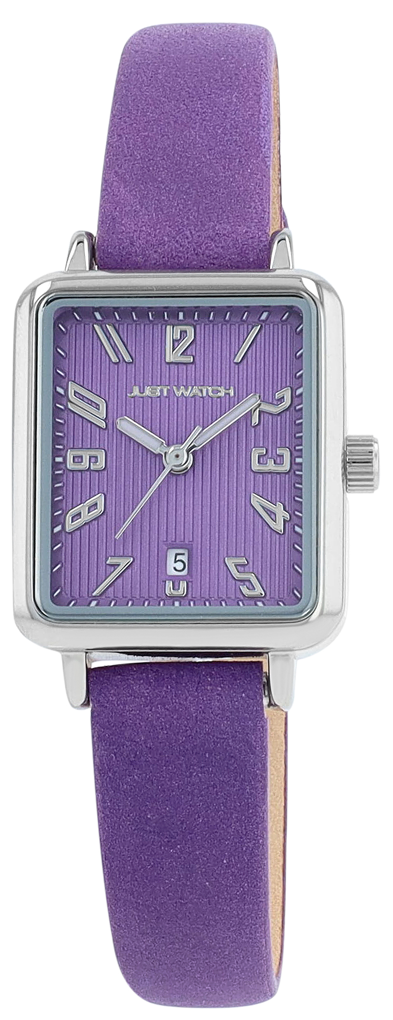 JUST WATCH Damenuhr "Aveline" mit Echtlederband, eckiges Design, lila/ silberfarben