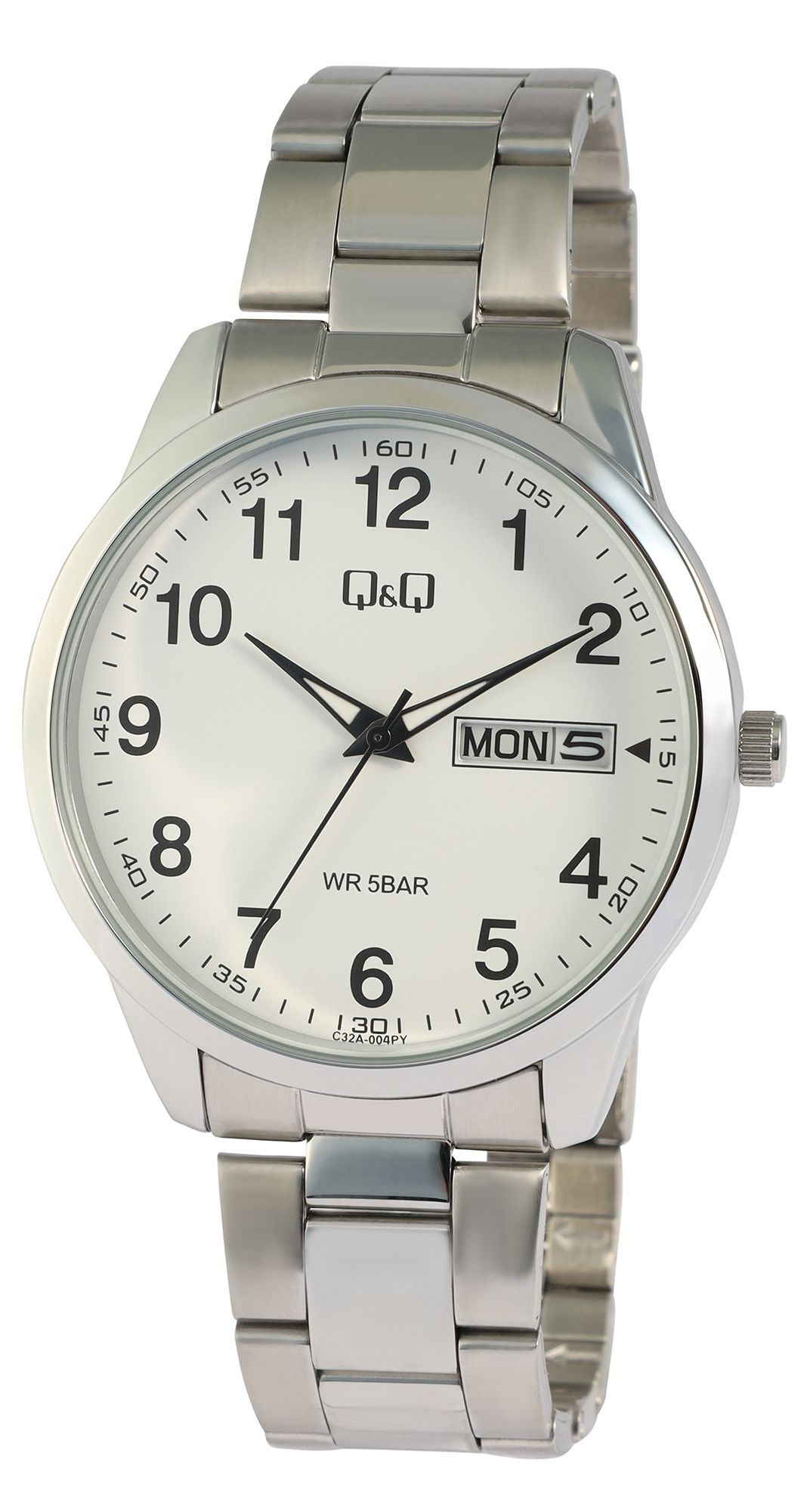 Q&amp;Q herenhorloge met roestvrijstalen schakelarmband, 5 ATM, zilverkleur/ZB wit