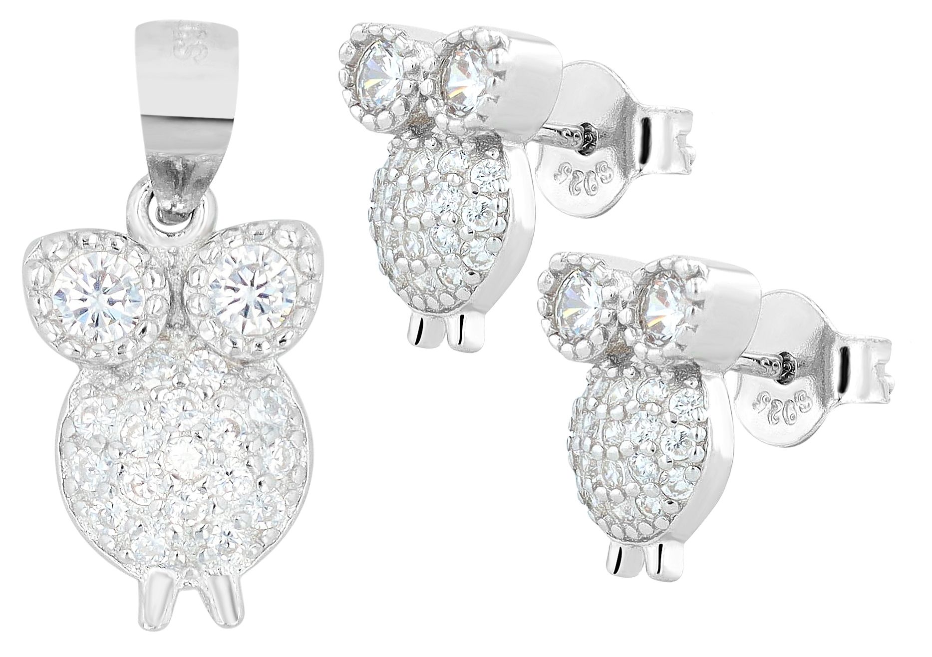 "Athene", 925/- Echt Silber Set Ohrstecker & Anhänger Eule, Zirkoniabesatz, silberfarben, rhodiniert