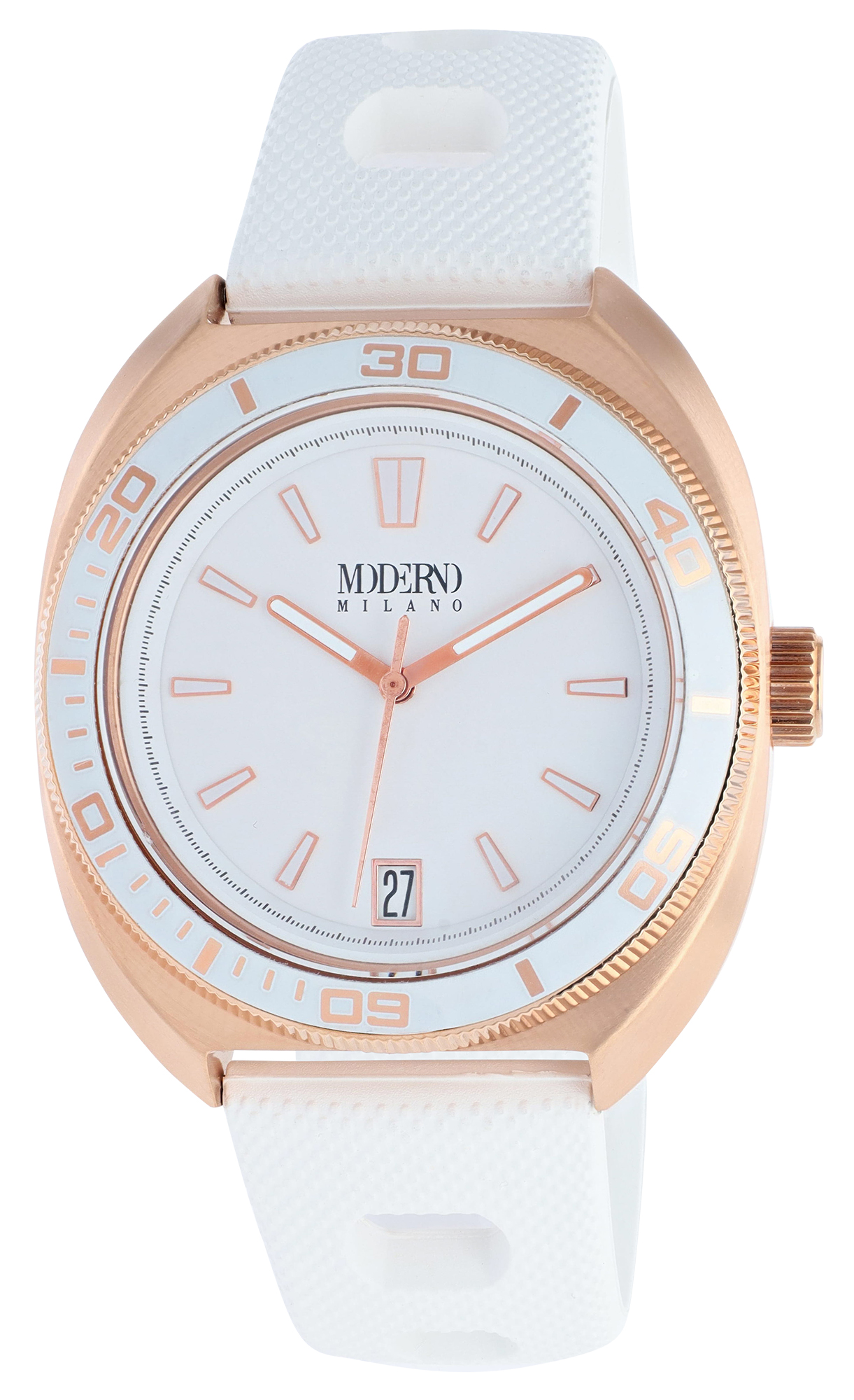 Moderno Milano roestvrij stalen herenhorloge Ø 42 mm, kunststof band, saffierglas, wit/ roségoudkleurig