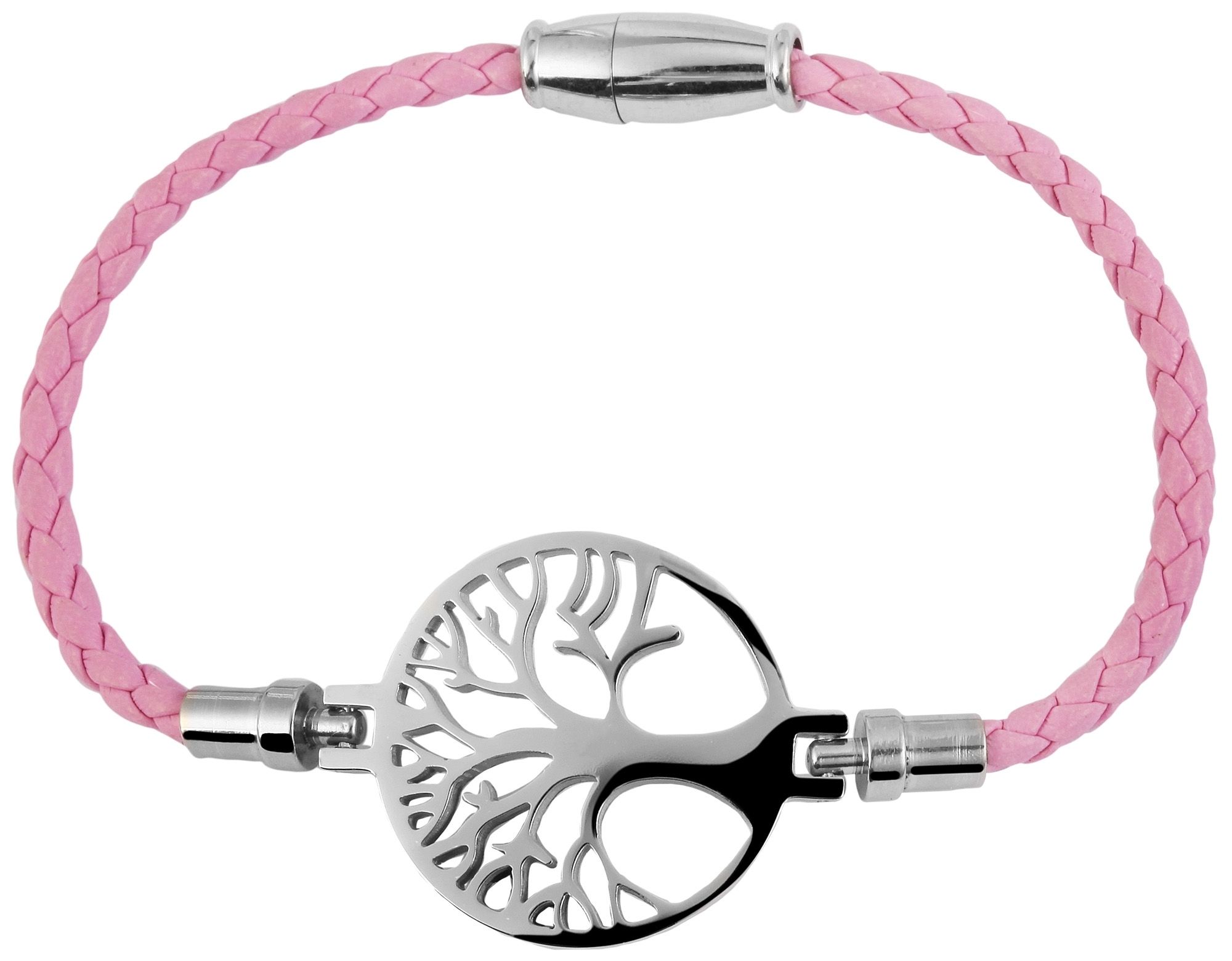Akzent Echtlederarmband, geflochten mit Edelstahlelement Lebensbaum, pink/silberfarben
