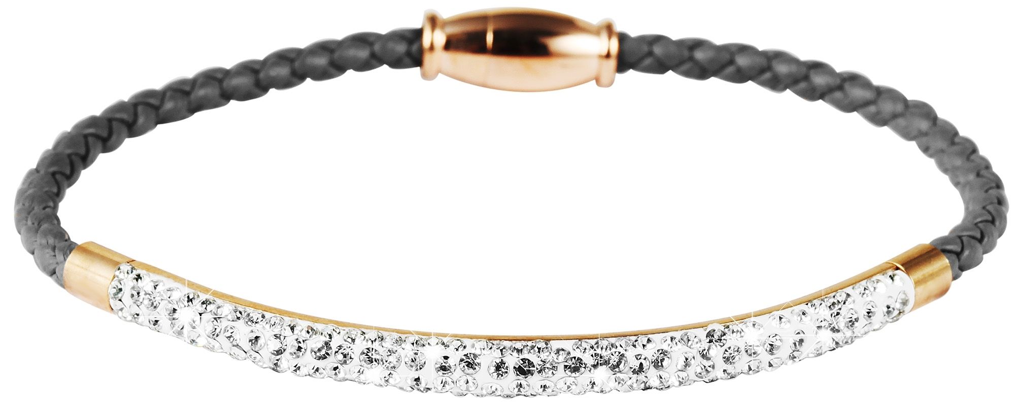 Accent armband van gevlochten imitatieleer en roestvrij stalen elementen, Similib afwerking, grijs/rosegoudkleurig