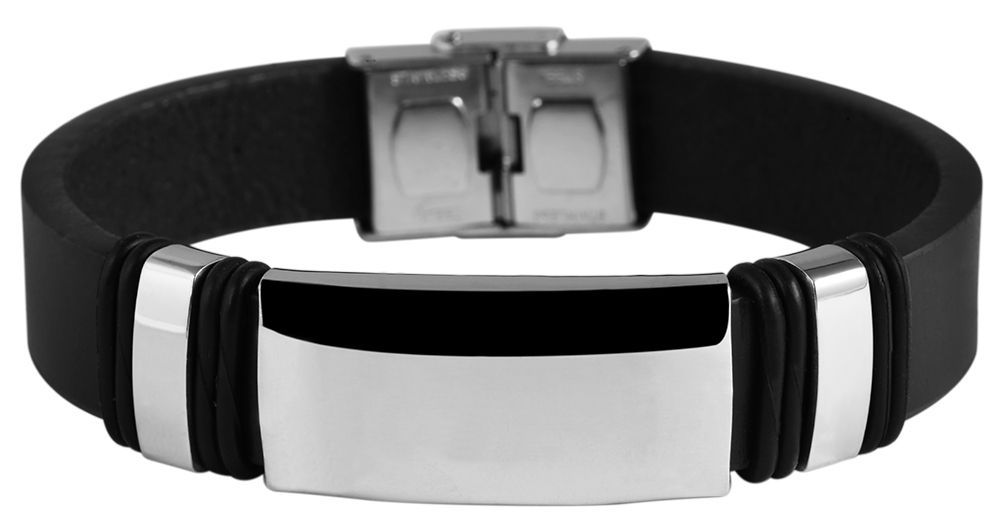 "Arto" echt lederen armband met graveerplaatje, 21cm, zwart/zilverkleurig