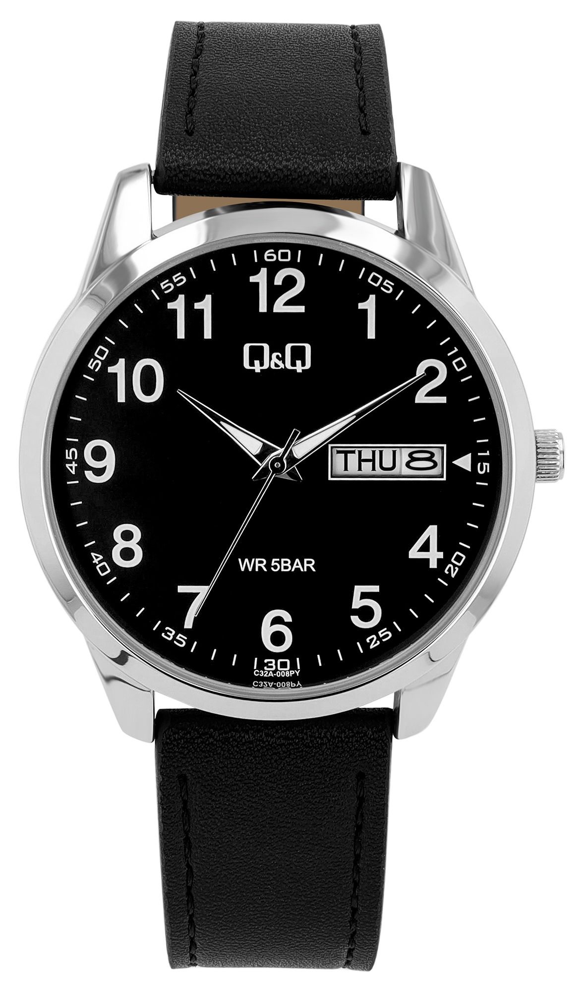 Q&Q Herrenuhr mit Lederband, 5 ATM, Wochentags- & Datumsanzeige, schwarz