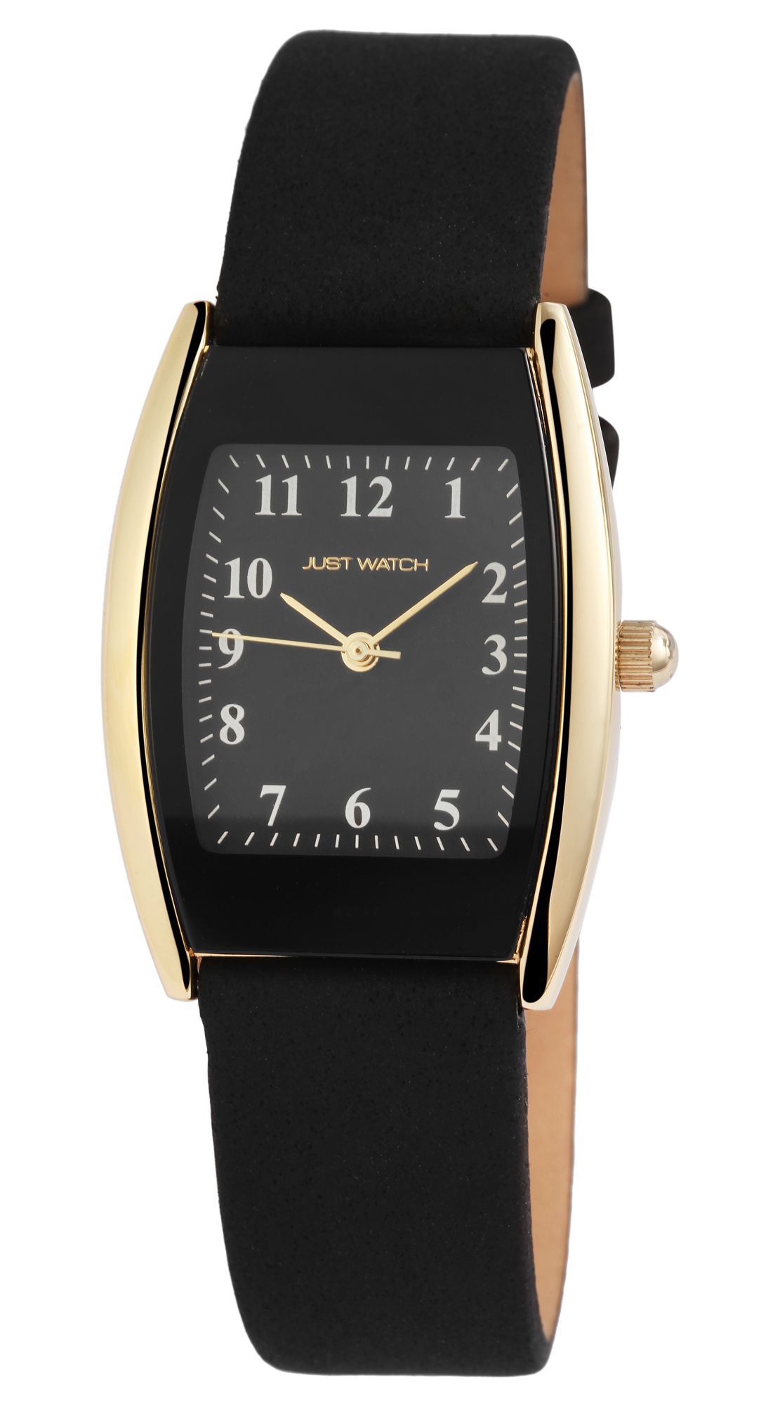 Just Watch Damenuhr mit Echtlederarmband, Tonneau, schwarz/ goldfarben
