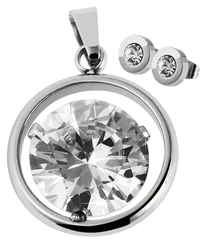 Akzent Edelstahl Schmuckset mit Stein, Anhänger + Ohrringe, silberfarbig