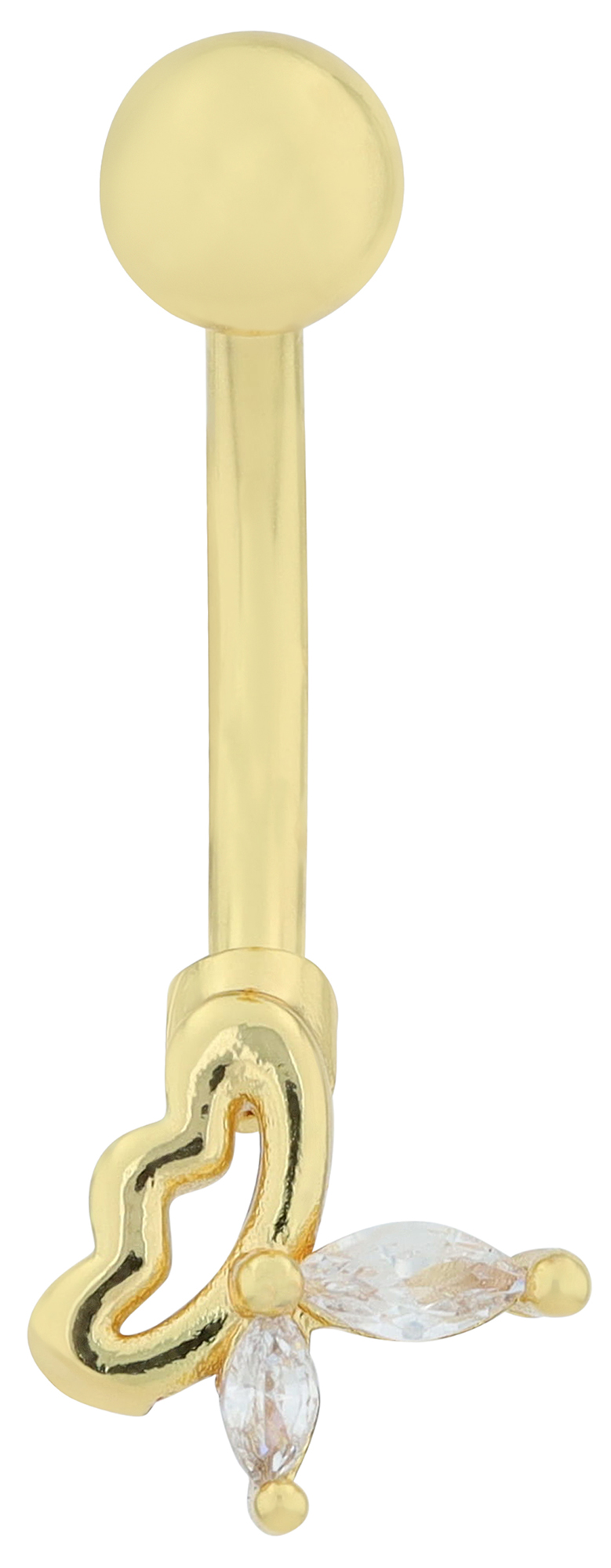 "Hari"Edelstahl-Bronze Bauchnabelpiercing, Länge 12 mm/ Stärke 2 mm, Schmetterling, Zirkonia, goldfarben
