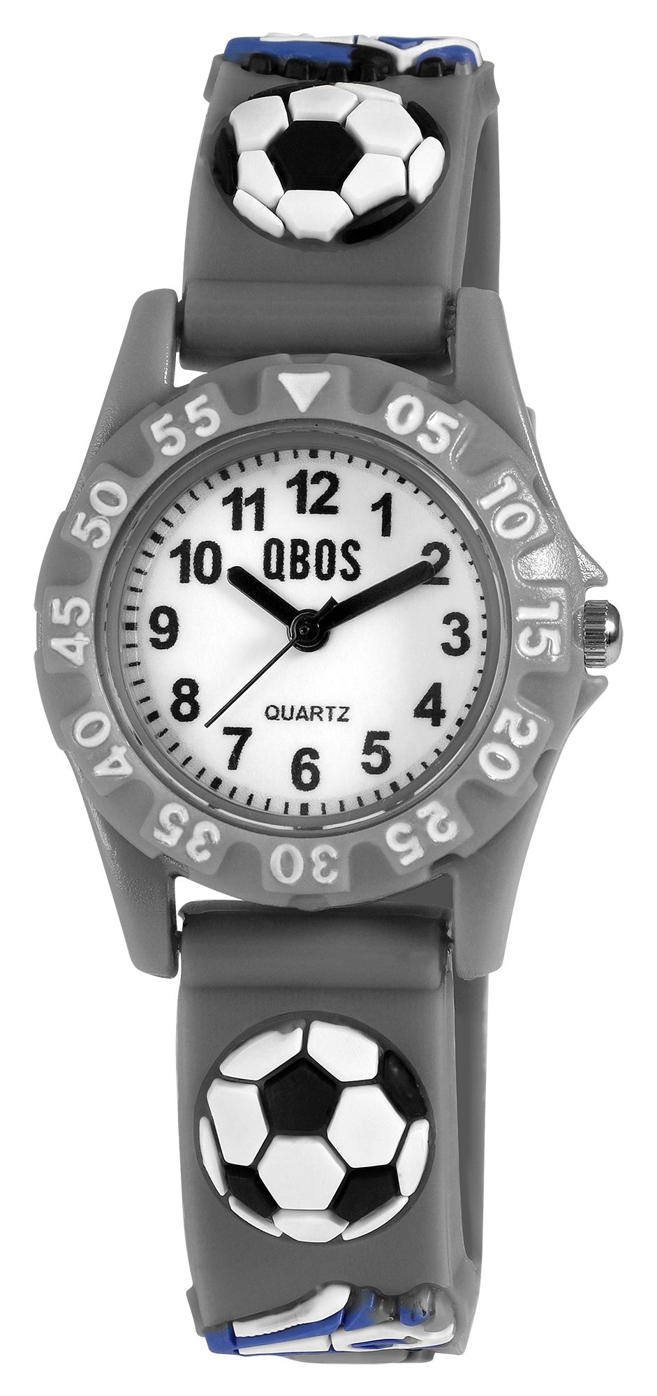 Qbos Kinderuhr mit Silikonband, Motiv Fußball, Ø 28 mm, grau