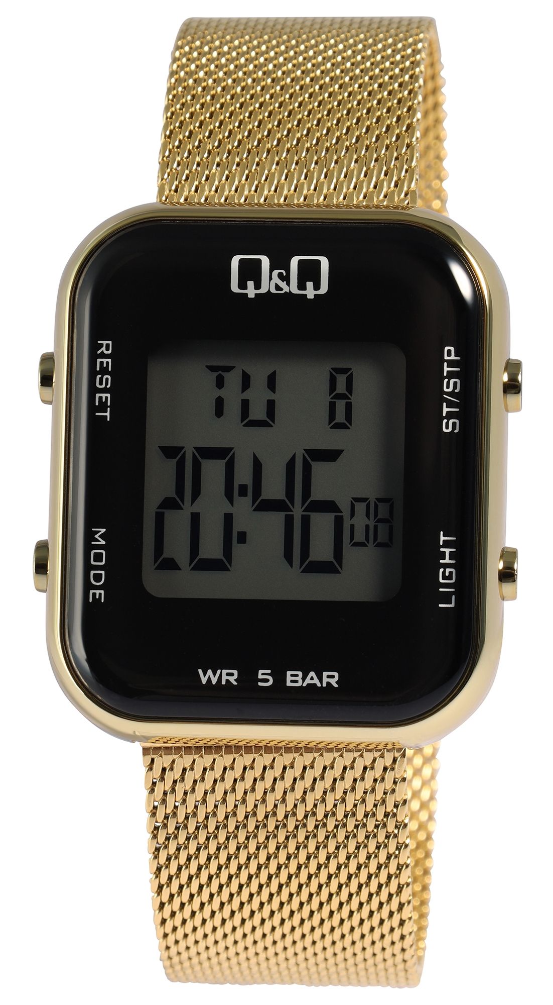 Q&amp;Q digitaal dameshorloge met mesh band, dual time, 5 ATM, goudkleurig