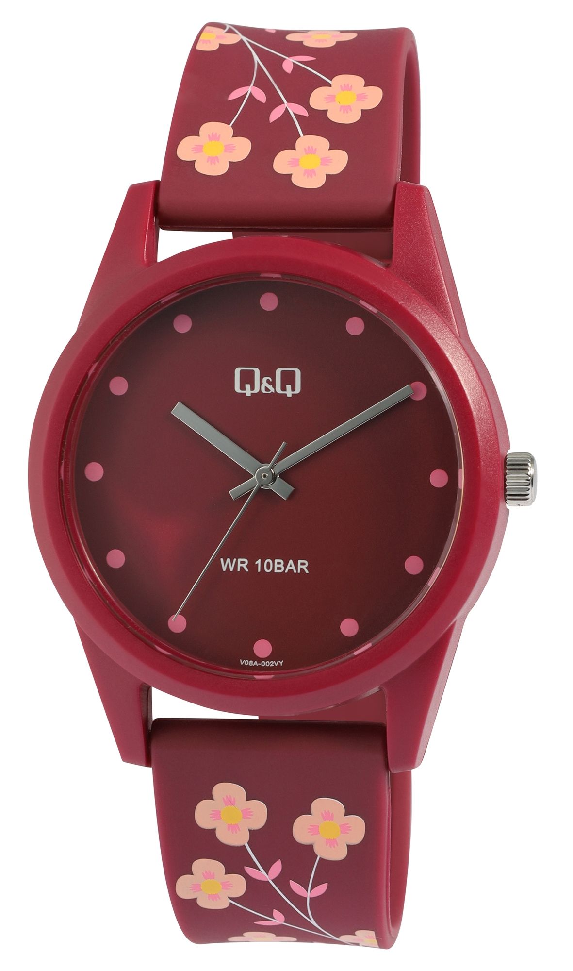 Q&Q Damenuhr mit Resinband, Ø 39 mm, dunkelrot/ Blumendesign
