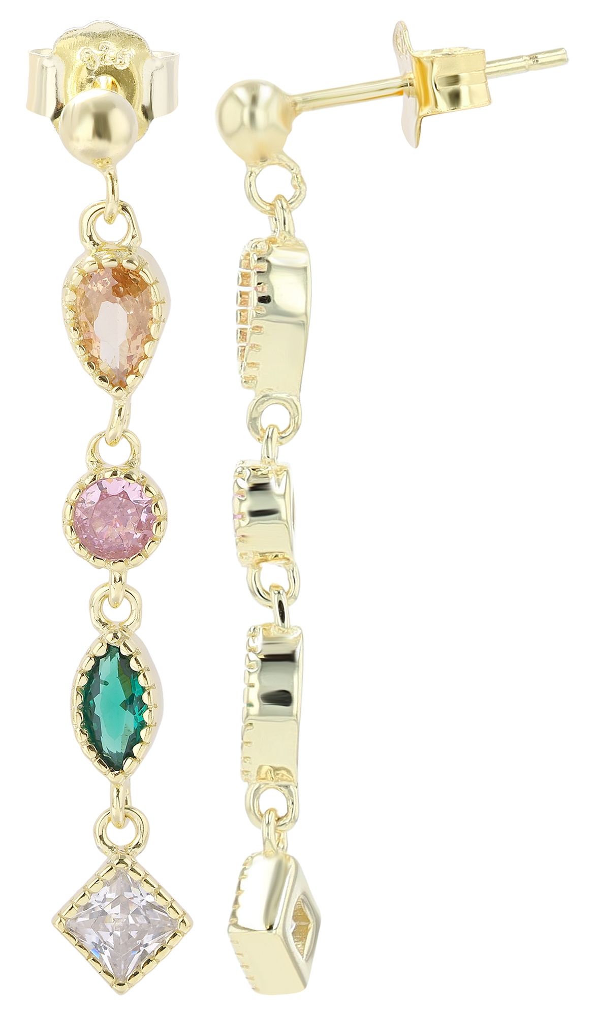 "Vada" 925/- echt zilveren oorbellen/ oorhangers, kleurrijke zirkonia's, verguld