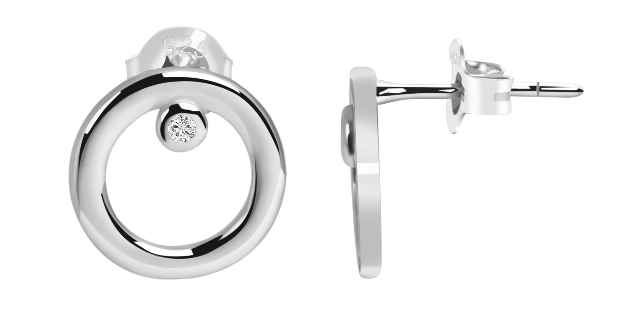 925/- Echt Silber Ohrstecker "Beatrice" mit Zirkonia, rund, rhodiniert