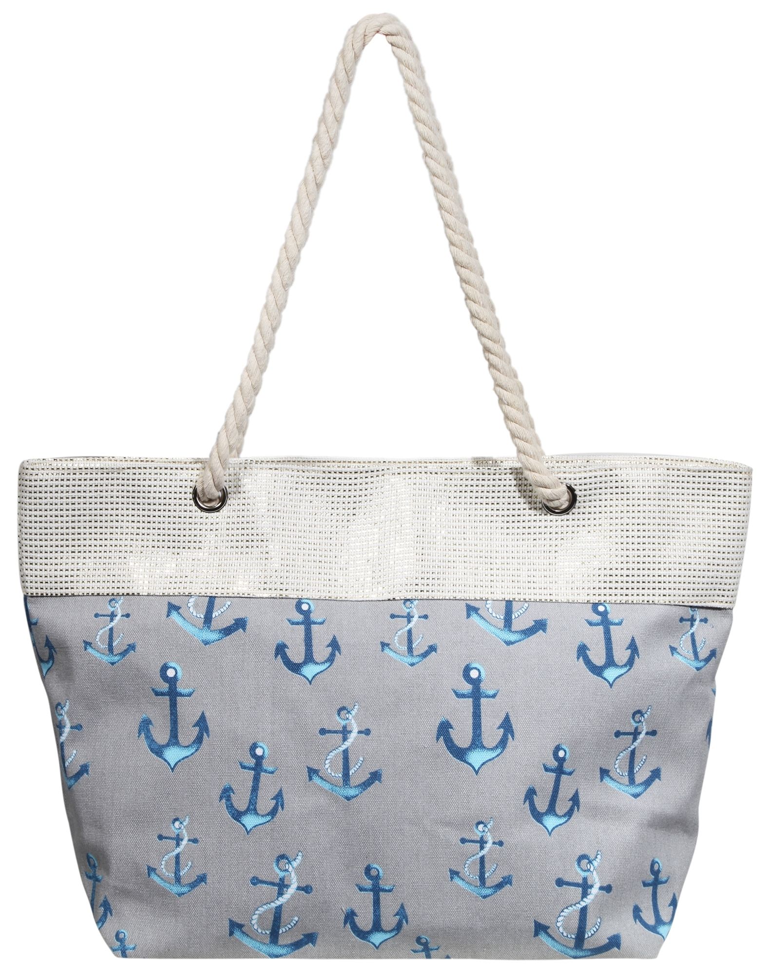 Strandtas van textiel met ankermotief in grijs