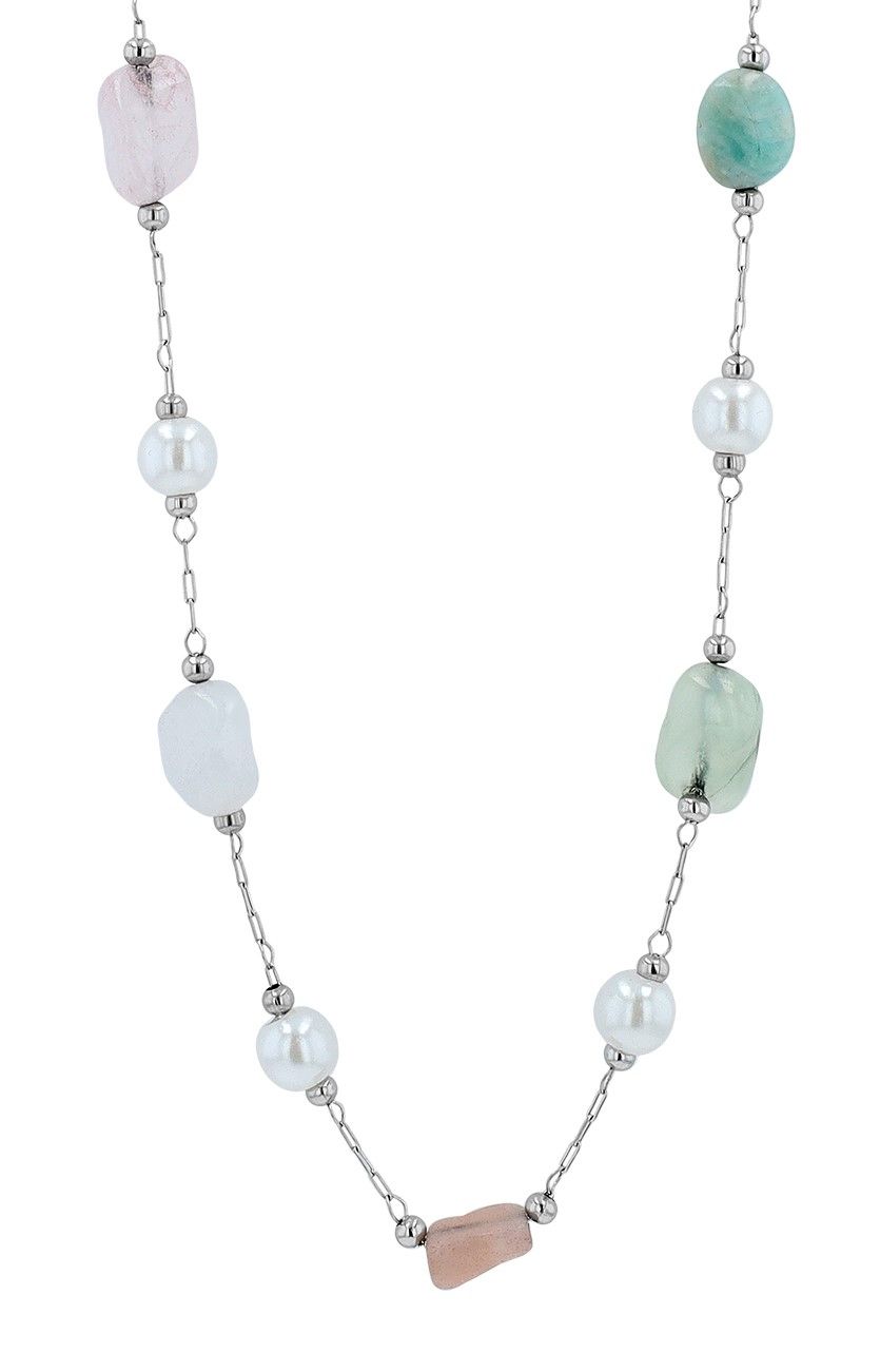 "Candan"Edelstahlkette mit Süßwasserperlen und bunten Natursteinen