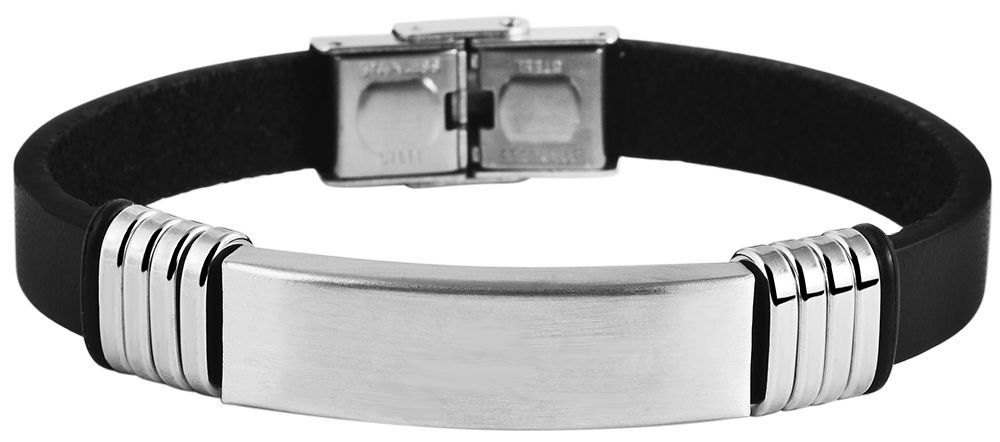 "Henrique" Echtlederarmband mit Gravurplatte, 21 cm, schwarz/ silberfarben