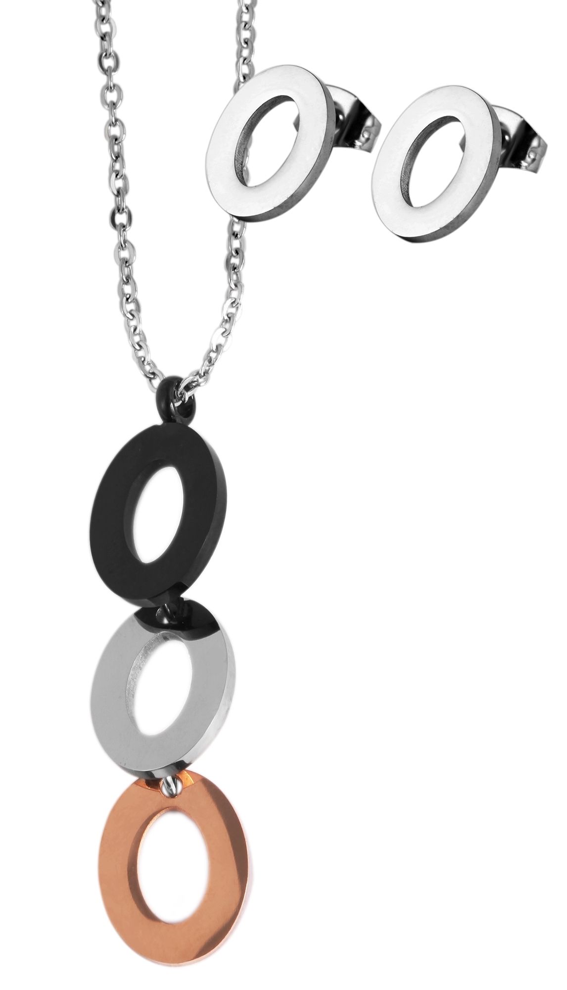 Roestvrijstalen sieradenset, halsketting 43 + 5cm met hanger + oorbellen, driekleur