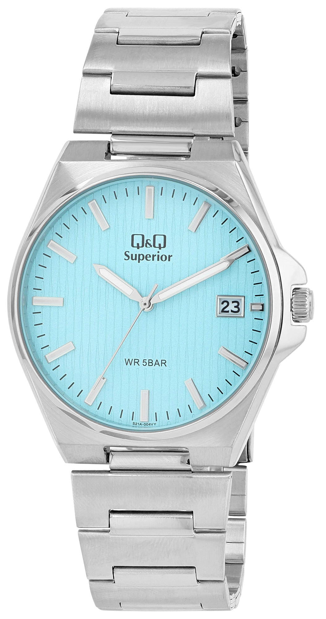 Q&Q Superior Herrenuhr Ø 40 mm, Edelstahlgehäuse, Edelstahlband, silberfarben/türkis